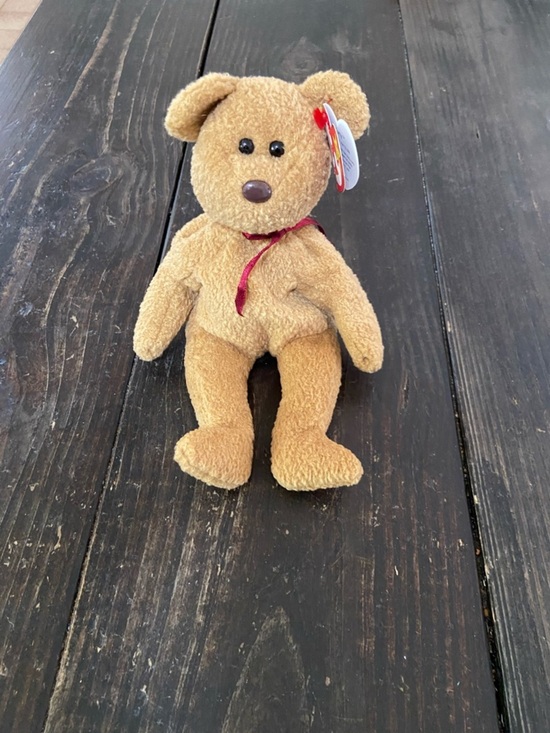 Ty Other - Ty Beanie Baby Curly Plush Brown Teddy Bear with Red Bow - Kids Toys